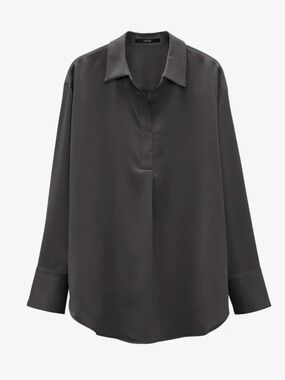 F&F COLLARED V-NECK LONG SLEEVED ROOMY BLACK SATIN BLOUSE WOMENS SZ M